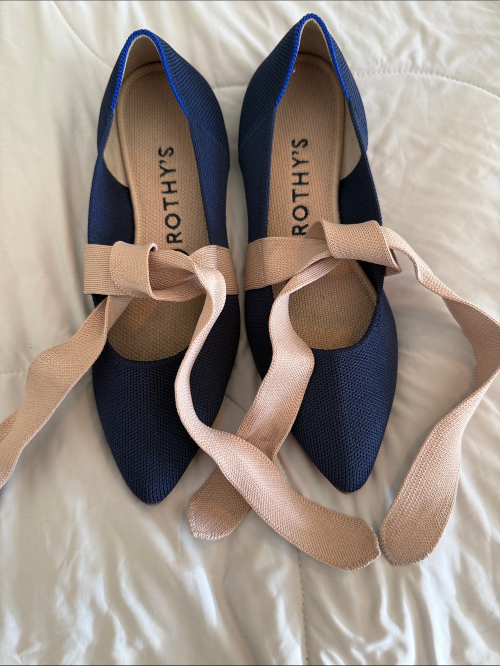 Rothy's Navy Pointed Flats with Blush Ribbon Wraps